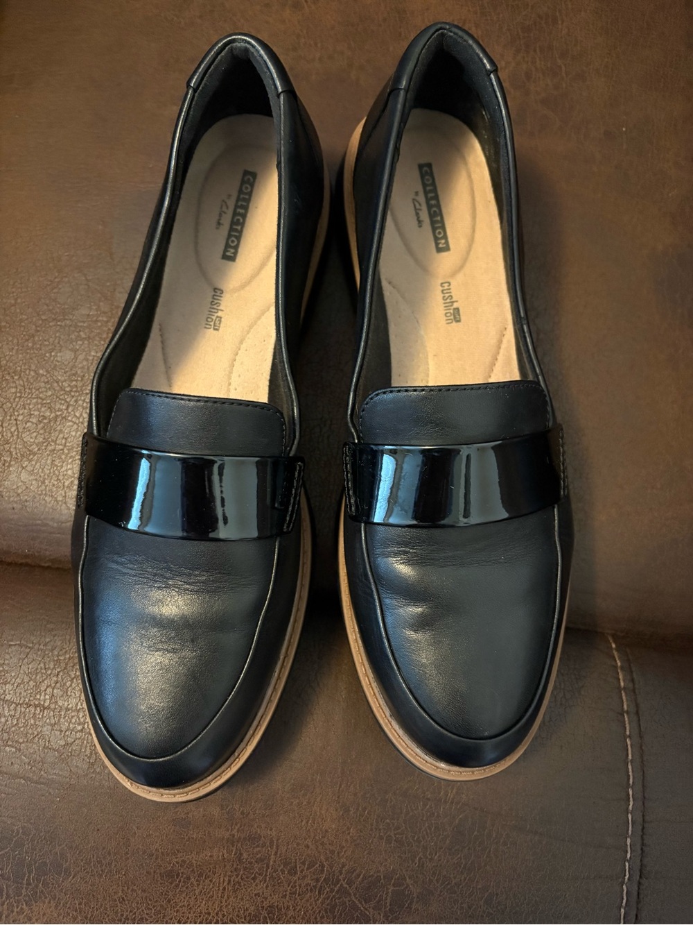 Clarks Black Leather Loafers with Patent Strap and Tan Sole Trim